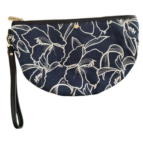 Tommy Bahama Navy & White Linen Blend Floral Embroidered Wristlet Clutch Bag - Picture 2 of 8
